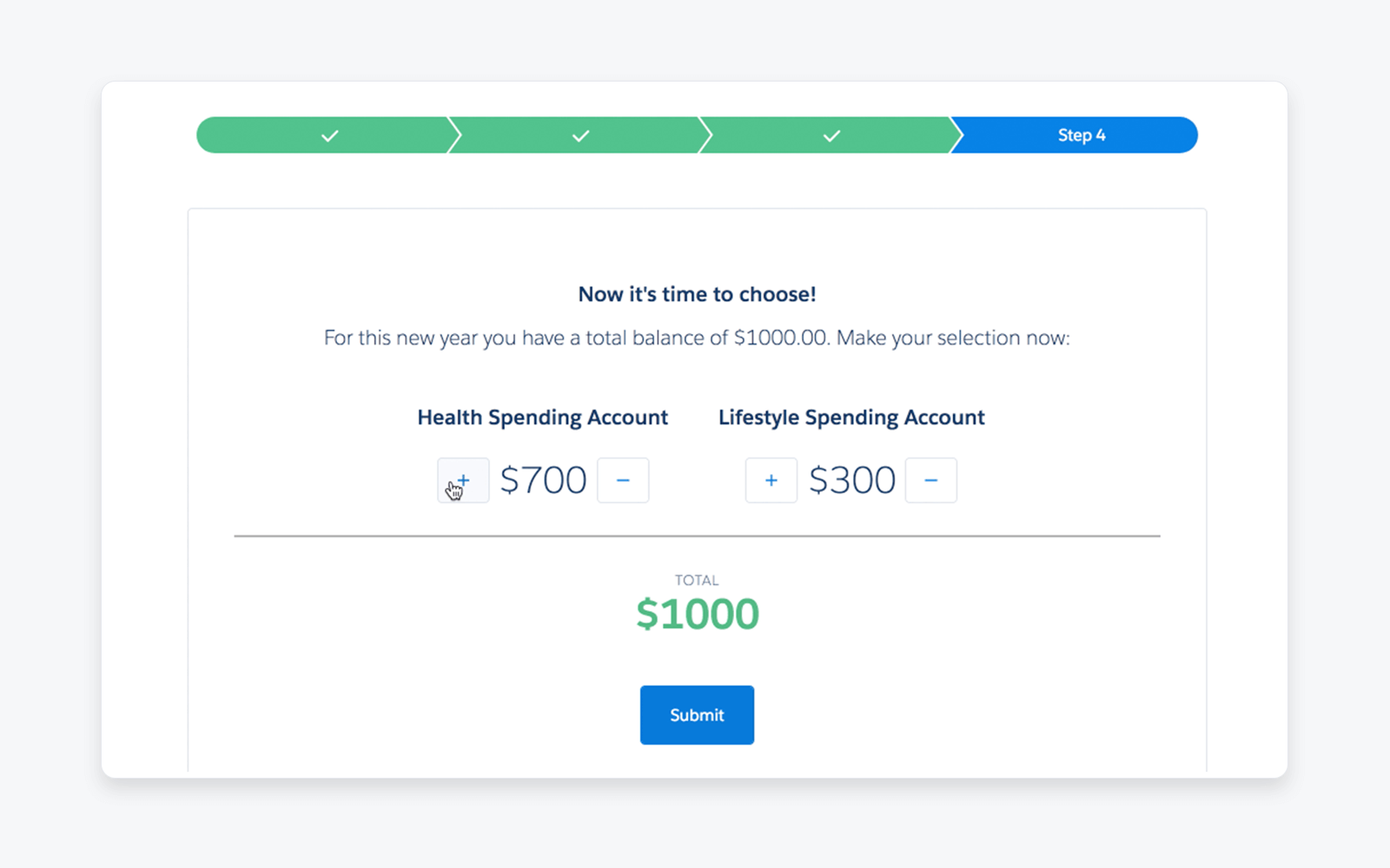 Final Flex allocation screen showing interactive controls to distribute a total annual balance between Health and Lifestyle Spending Accounts, with real-time total validation.