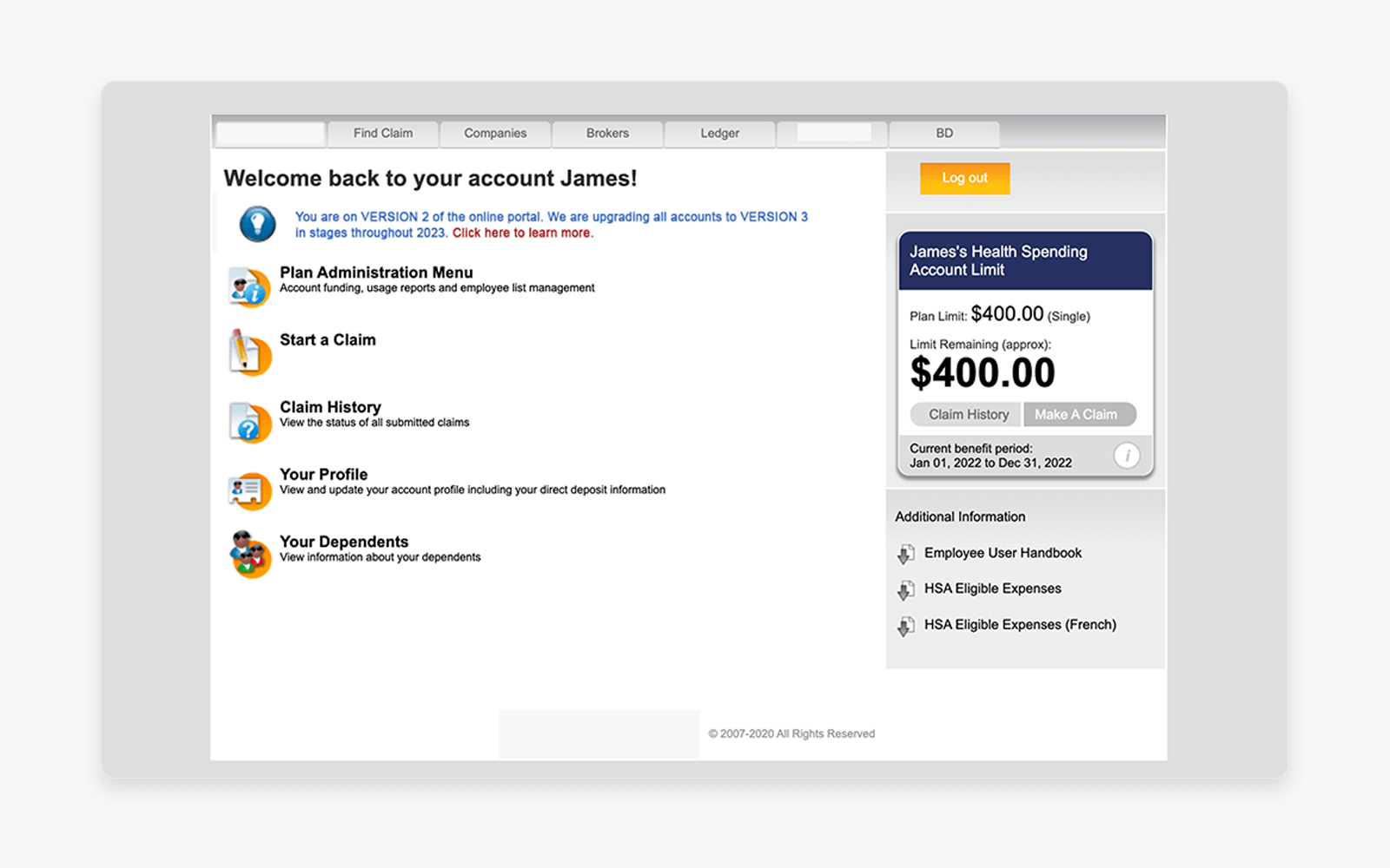 Legacy enterprise benefits platform interface showing dense navigation, multiple entry points, and limited visual hierarchy