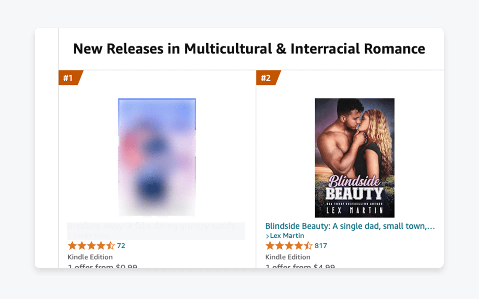 Amazon Kindle category page showing a book ranked #1 in New Releases for Multicultural & Interracial Romance.