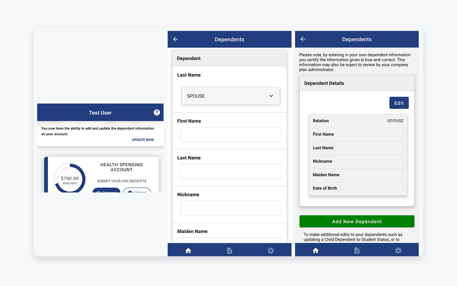 Mobile app screens showing dependent management functionality, including adding, editing, and viewing dependent details directly within the app.