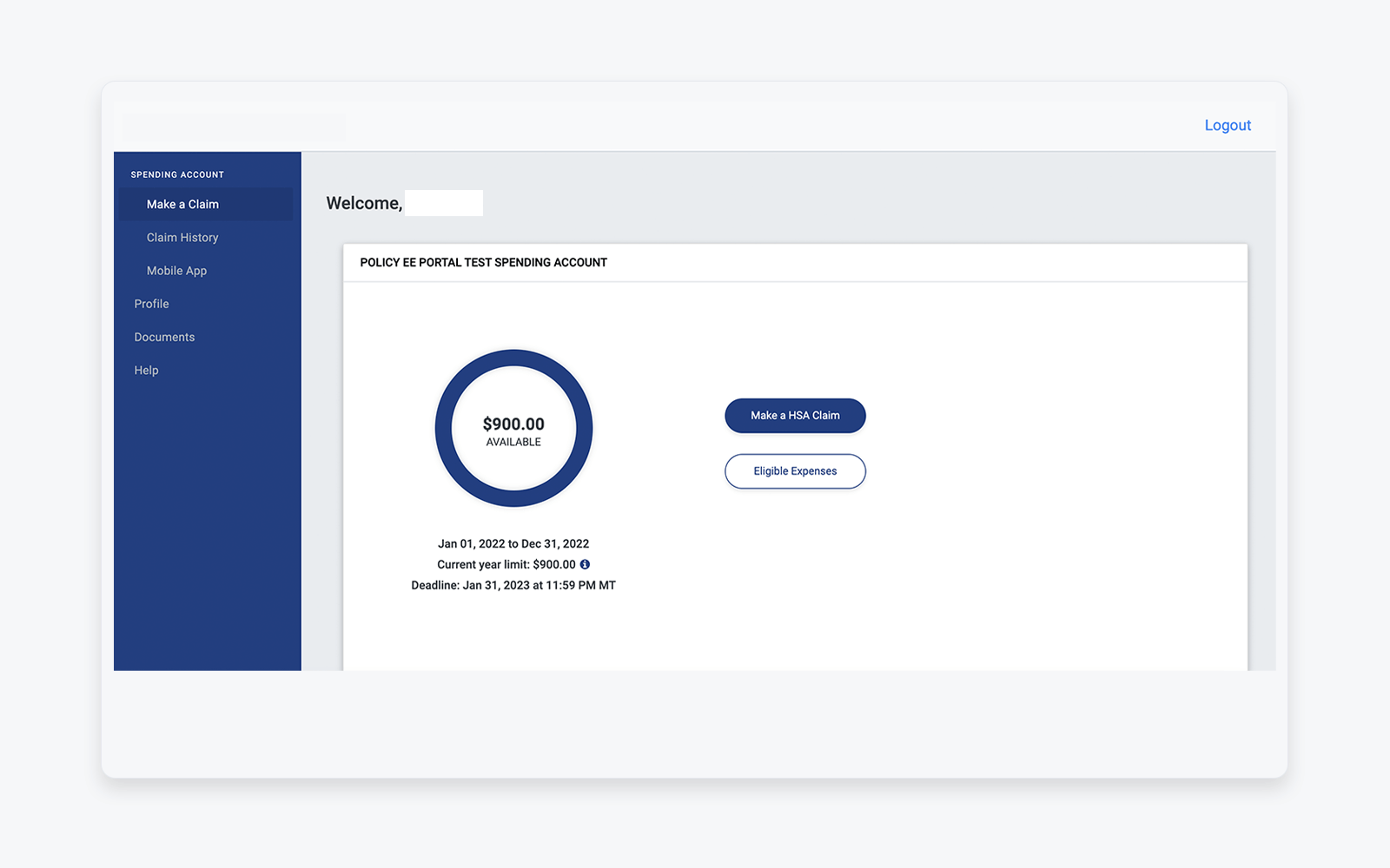 Modern enterprise benefits dashboard with clear balance visualization, simplified navigation, and primary actions surfaced prominently