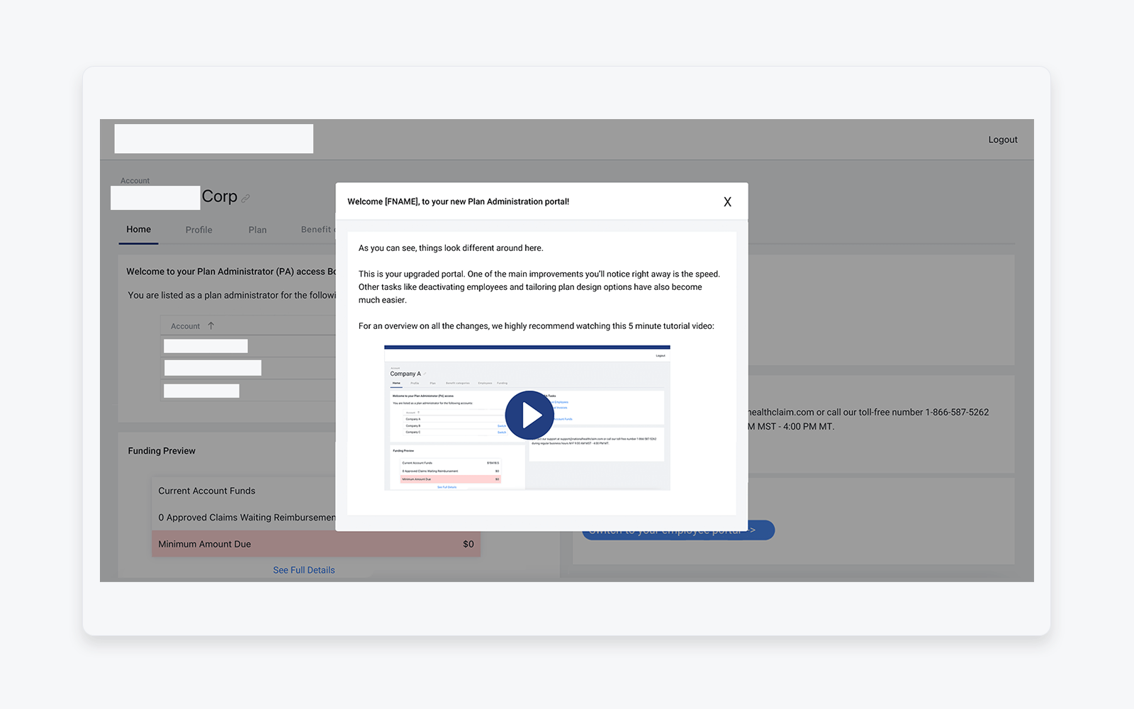 In-app onboarding modal explaining platform changes and guiding users during migration to a new enterprise benefits system