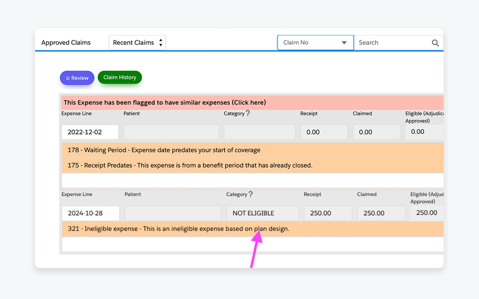 Screenshot of adjudication interface displaying system warnings and eligibility messages for claim review.