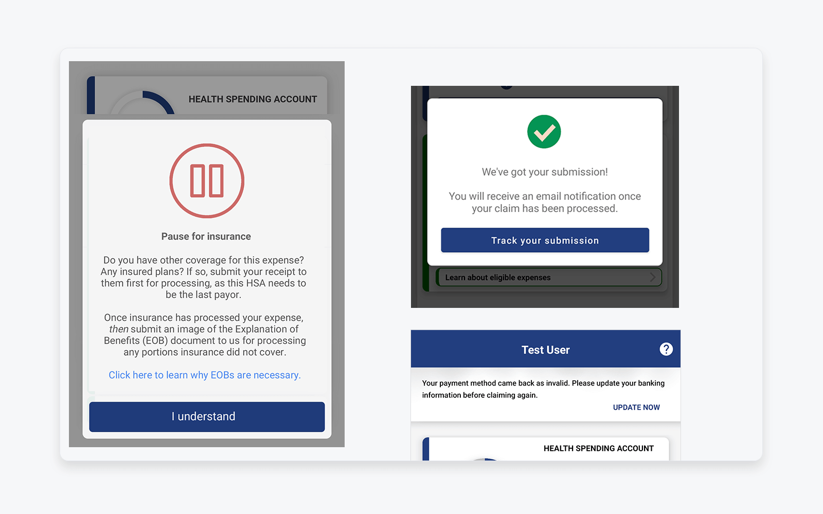 Mobile app screens showing claim submission confirmation, instructional messaging, and system alerts designed to reassure users and guide next steps after submitting receipts.