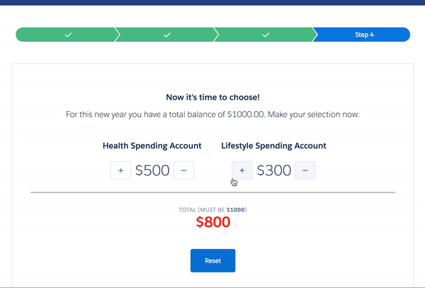 Animated demonstration of the Flex allocation selector adjusting spending amounts in real time and displaying validation feedback when totals do not match required limits.